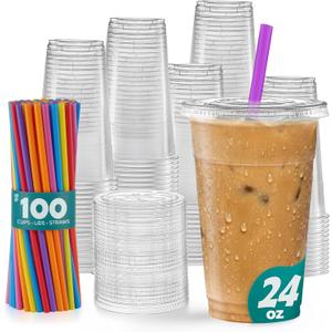 GUSTO [24 oz. - 100 Count Clear Cups with Flat Lids & Straws - Disposable Clear Drinking Cups for Iced Coffee, Cold Drinks, Milkshakes, and Smoothies - Formerly Comfy Package