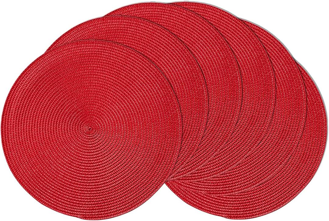AHHFSMEI Round Braided Placemats 15 Inch Round Table Mats for Dining Tables Natural Woven Heat Resistant Place mats Set of 6(red)