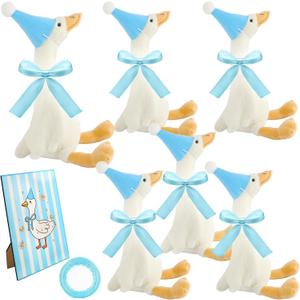 14 Pcs One Silly Goose 1st Birthday Decoration 6 Pcs 12 Inch Soft Goose Stuffed Animal 6 Pcs Birthday Hat with Wood Table Decor and 1 Roll Rope for Adopt a Animal Party Favors Gifts (Color Set 2)