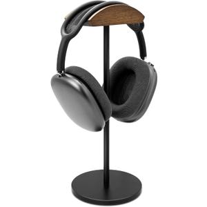 GEVO Headphone Stand for Desk, Walnut Wood & Aluminum Headset Stand, Universal Walnut Gaming Headset Holder with Solid Heavy Base for AirPod Max, Bose, Sony All Headphone Sizes (Circular Base)