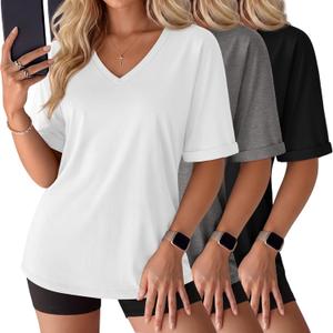 Huukeay 3 Pack Women's Oversized T Shirts, V Neck Loose Fit Rolled Sleeves Tops Shirts Summer Half Sleeves Tee (L)