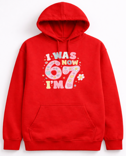 67 Hoodie Unisex with Funky 67 Print Meme Birthday Hoodie, Red, Size Medium