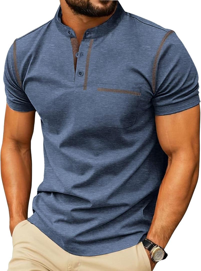 Mens Casual Short Sleeve Henley Shirt Button Front T Shirt with Pocket Lightweight Breathable Summer (Blue, M)
