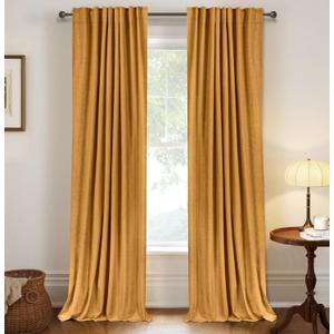 100% Blackout Shield Linen Blackout Curtains for Bedroom 90 Inches Long,Back Tab/Rod Pocket Living Room Drapes,Thermal Insulated Textured Blackout Curtains 2 Panels Set,50" W x 90" L,Mustard Yellow