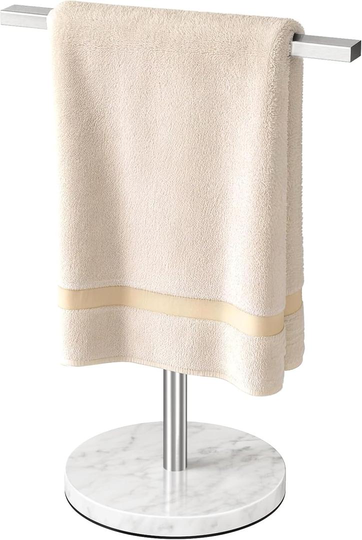 Gypie T-Shape Hand Towel Holder Stand with Heavy Marble Base, Stainless Steel Bathroom Countertop Towel Rack for Bathroom Kitchen, Brushed Nickel