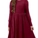 Yoklass Girl's Dress with Pockets Kids Flowy Stretchy Burgundy Long Sleeve Dresses 8-9 Years (L)