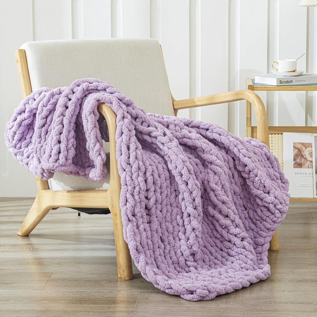 WESHIONGOO Chunky Knit Blanket Throw 40"*40" Knitted Throw Blankets for Couch Bed Fluffy Soft Blanket with Jumbo Chenille Yarn Thick 100% Handmade(Lilca) (Lilac)