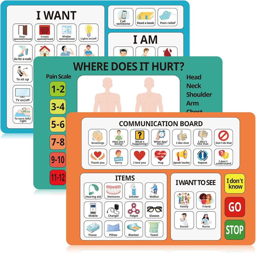 Fuyoooo 3 Pcs Communication Boards for Non Verbal Adults 11.81 x 8.27 Inches Colorful Picture Symbol Communication Cards Speech Therapy Tools for Autism Aphasia Stroke Patients Hospital Care Home Use (Multicolor)