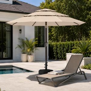 10ft Patio Umbrella, 3-Tier Vented Outdoor Table Umbrella with 8 Sturdy Fiberglass Ribs, Windproof Market Umbrella with Push Button Tilt and Crank, UV Protection for Deck, Pool, Beige