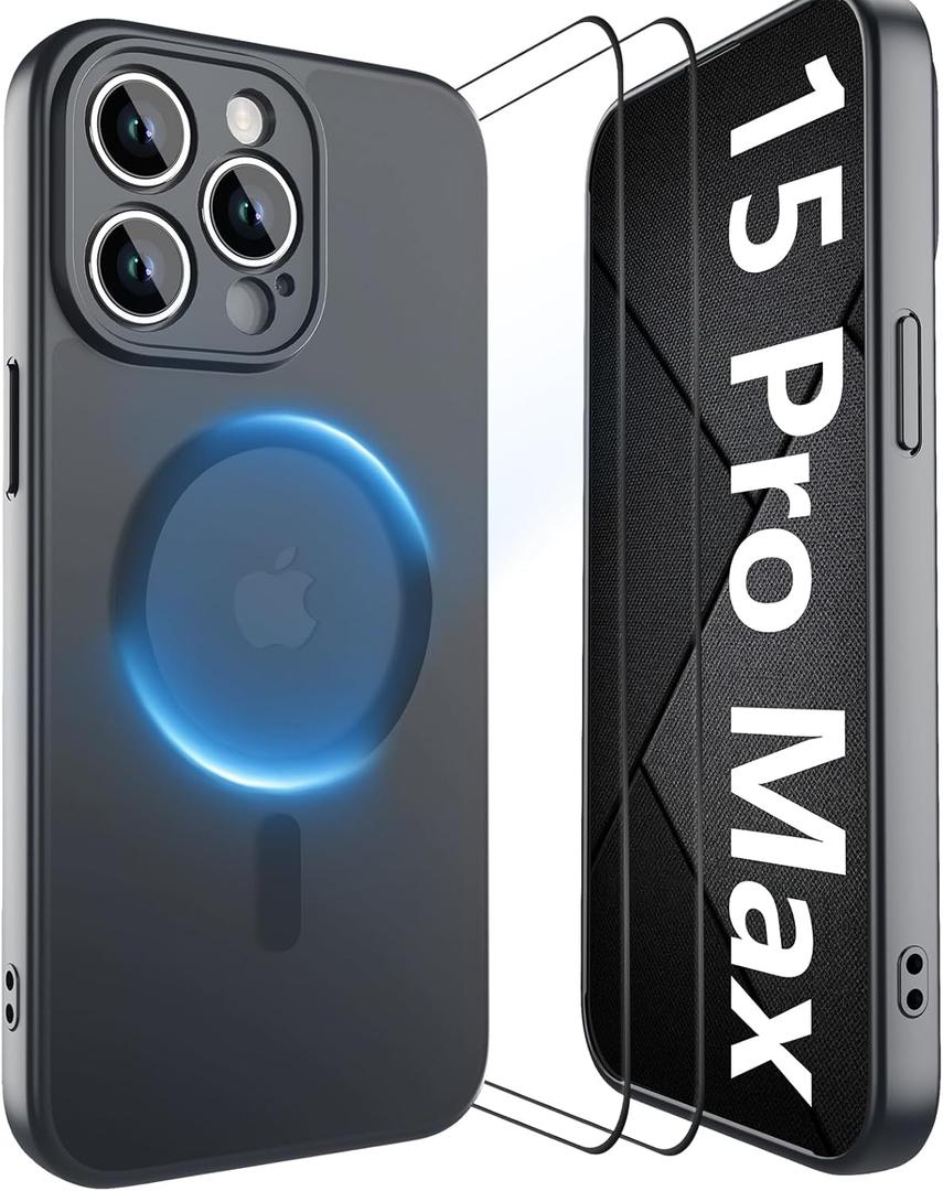 YFEMLAZ Magnetic for iPhone 15 Pro Max Case,with Screen Protectors X2,Full Camera Protection,Compatible with MagSafe,Translucent Matte,Anti-FingerprintShockproof Protective Phone Case,6.7",Black