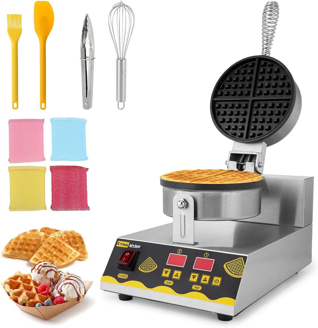 Dyna-Living Commercial Waffle Maker Intelligent Restaurant Waffle Machine Intelligent Non-stick Round Waffle Machine Stainless Steel Waffle Iron Machine Professional Waffle Maker for Restaurant, 1200W
