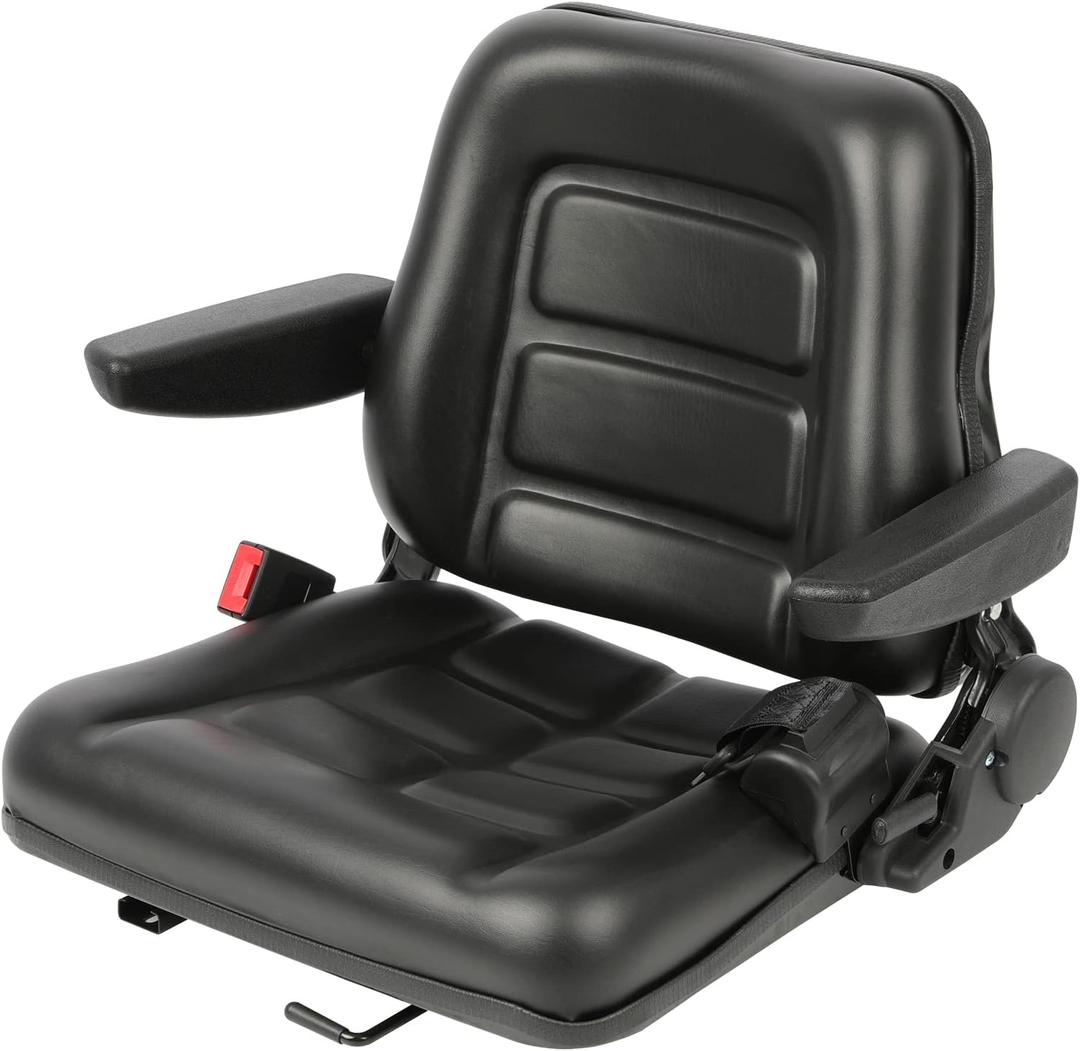 Universal Forklift Seat, Tractor Seat with 180 Adjustable Angle Back, PVC Tractor Seats with Armrests, Belt and Slide, Fits Forklift, Excavator Skid Loader Backhoe Dozer Telehandler (Model A)