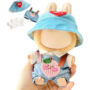 17 cm Doll Clothes, 3-Piece Set Stylish Clothes for 17cm Labubu, Premium Outfit with Accessories - Red Heart Cyan Hat & Polo Shirts & Peach Romper (NO Doll)