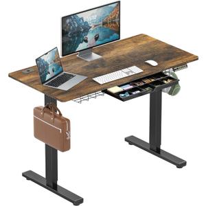 SHW 48-Inch Electric Height Adjustable Standing Desk with Drawer, Memory Preset and Cable Management Tray, Rustic Brown