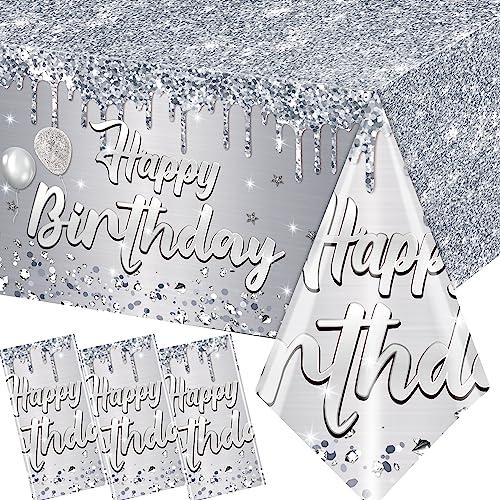 Dydamud Happy Birthday Tablecloth,3pcs Sliver Table Cloths for Parties Glitter Sliver Birthday Decoration for Women Men’s 18th 21st 30th 40th 60th 70th Birthday Party Supplies