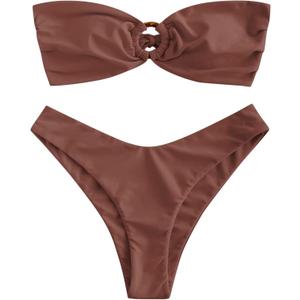 ZAFUL Women's Bandeau Bikini O Ring Strapless Tie Back High Cut Two Piece Swimsuit Bathing Suits,large