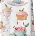Coffee Tea Time Kitchen Towels - Cute Teacup Cake Dish Towels, French Patisserie Sweet Cream Strawberry Decorative Absorbent Dishcloths Hand Towel for Kitchen Decor 16x24 Inches (Dessert-3)