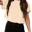 Tankaneo Women Short Sleeve Cropped T-Shirts Crew Neck Loose Crop Tops Summer Casual Drop Shoulder Basic Tees