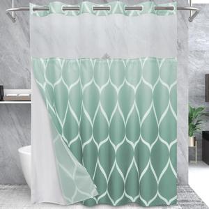 No Hook Ombre Teal Shower Curtain with Snap in Fabric Liner Set - Hotel Style with See Through Mesh Top Window, Modern Geometric Waterdrop Design,Waterproof and Washable, 71x74 INCH