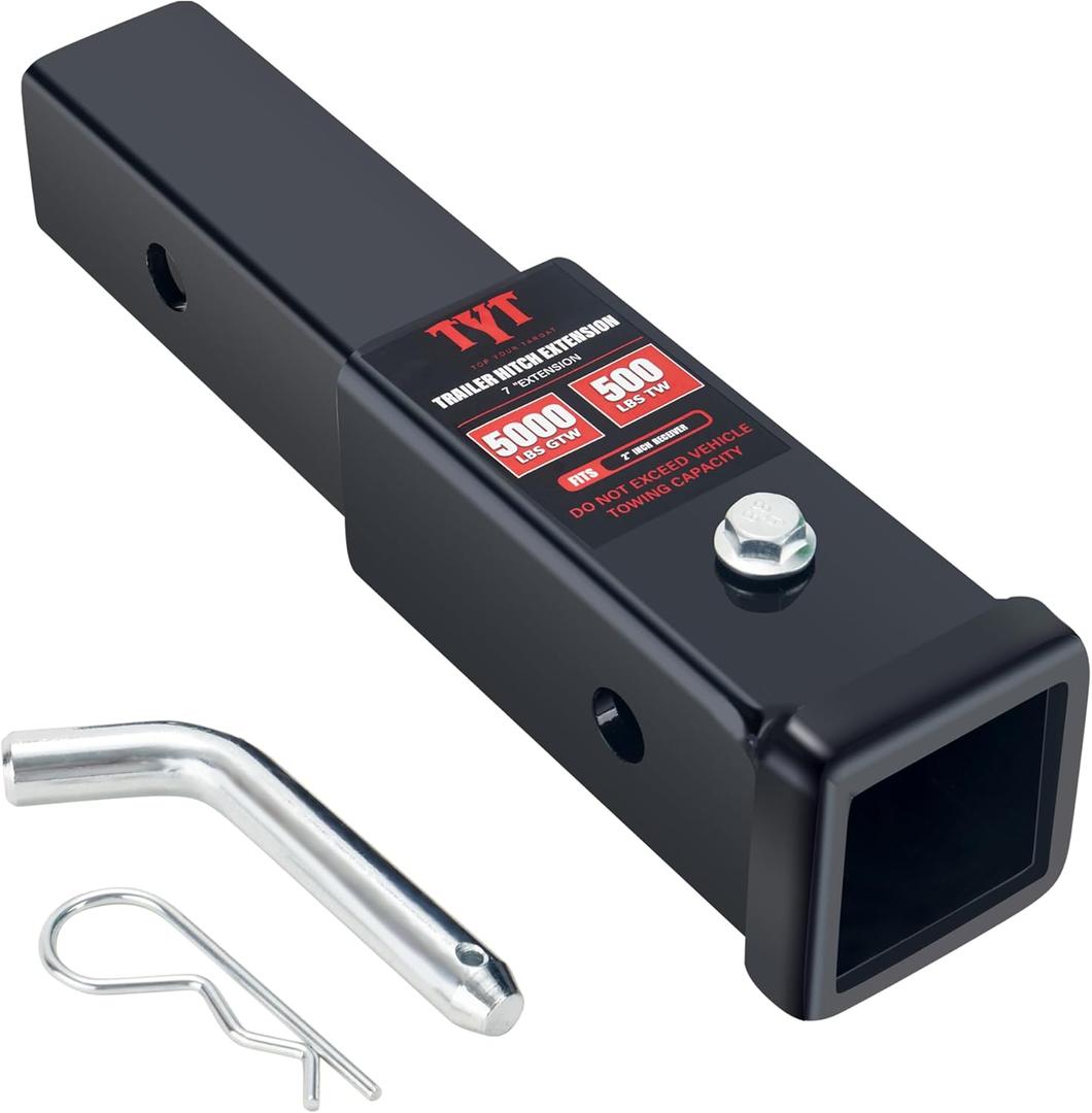 TYT Trailer Hitch Tube Extender for 2" Receiver, 7 inch Extension Length, with 5/8 inch Pin and Clip, 5000 lbs GTW
