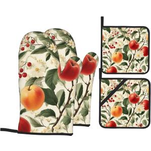 Apple Flower Oven Mitts & Potholder Set of 4 - Heat Resistant Kitchen Gloves Hot Pads for Baking, Cooking, Gifts for Women