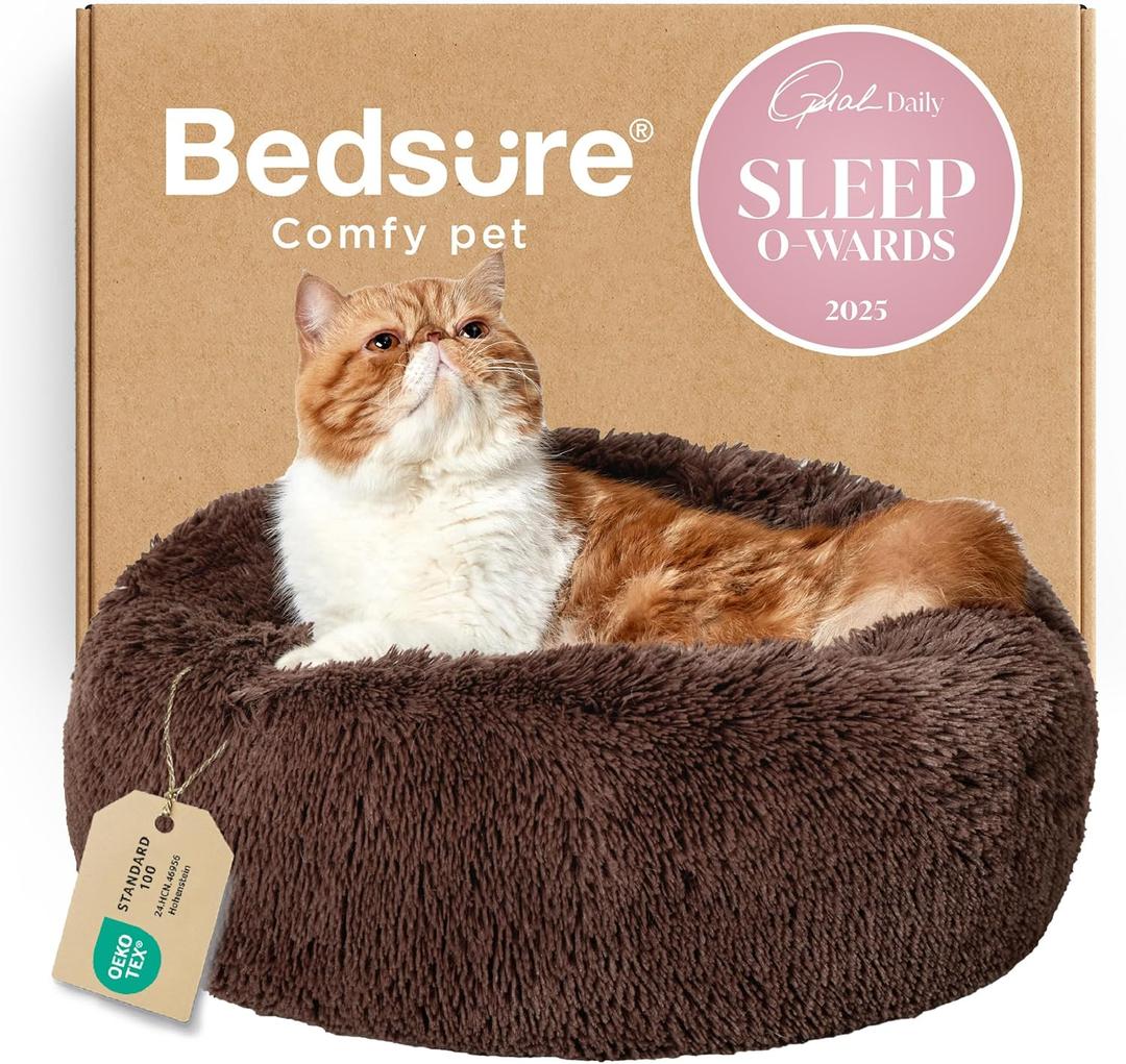 Bedsure Calming Cat Beds for Indoor Cats - Small Cat Bed Washable 20 inches, Anti-Slip Round Fluffy Plush Faux Fur Pet Bed, Fits up to 15 lbs Pets, Coffee
