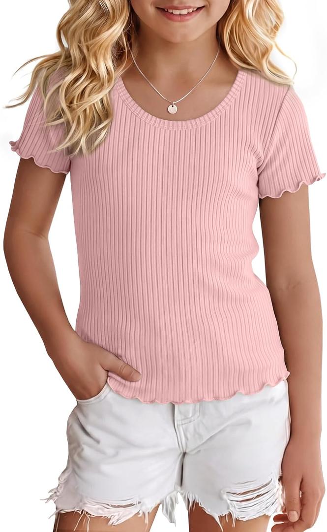 Girls' Short Sleeve T Shirt Kids Ribbed Scoop Neck Tops Lettuce Trim Cute Shirts Casual Fitted Tee for 5-14 Years (Pink)