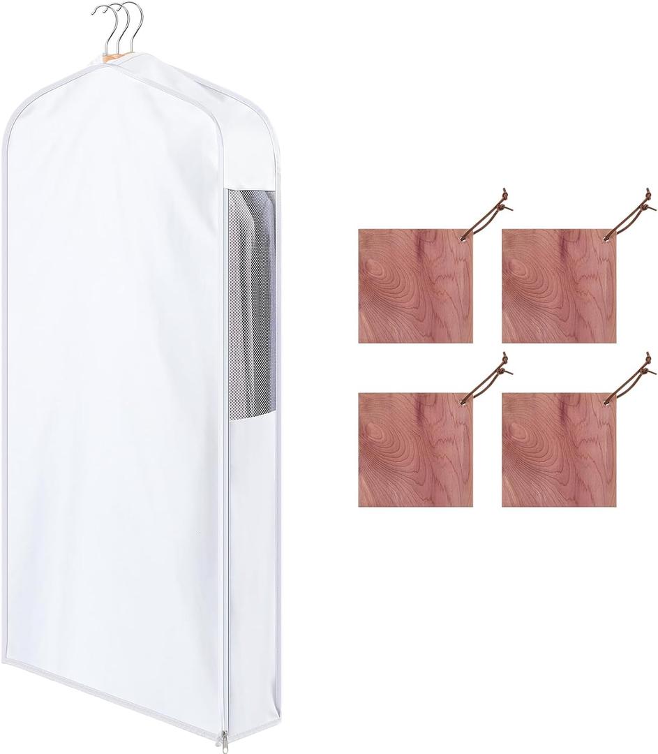 Briwooody 1 Set 40'' x 24'' x 6'' Short Cotton Garment Bags for Hanging Clothes and Storage, 4 Cedar Blocks for Fresh Smell and Moth Protection, Breathable Covers for Closet Suits Fur Coats Sweaters (White)