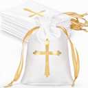 PerKoop 50 Pcs Baptism Satin Gift Bags with Drawstring 4 x 6 Inch Religious Gift Bags Cross Candy Jewelry Pouches for Baptism Christmas Nativity First Communion Party Favor(White)