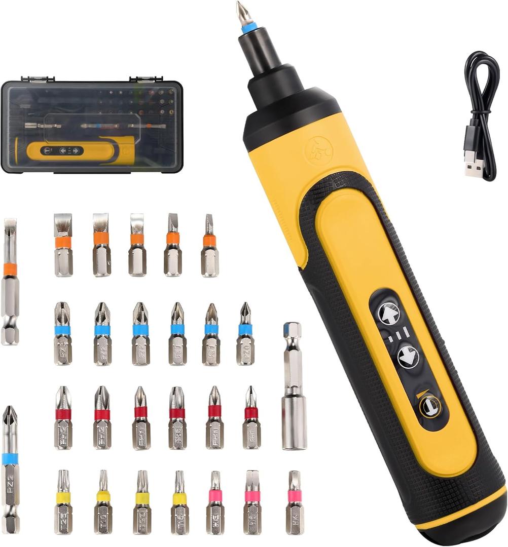 Electric Screwdriver Rechargeable, 4V Cordless Screwdriver,With 3 Gear Torque Adjustment and 26 Bits, Extension Rod, USB Charging Cable in Carrying Case, Suitable for Furniture or Appliance Repair (Yellow)