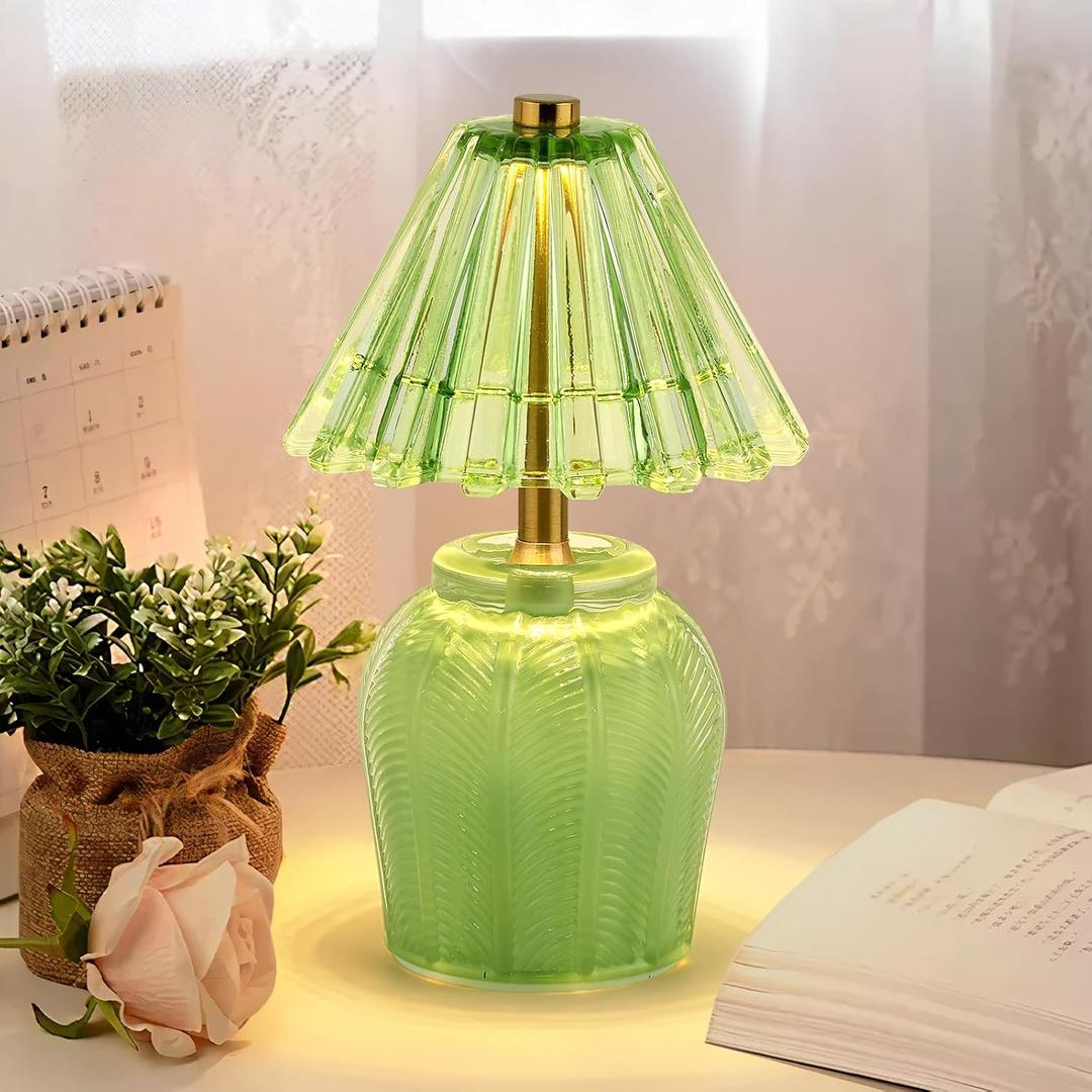 Small Battery Operated Lamp with Timer, Tiny Cordless Glass Table Lamp for Home Decor, Kitchen, Bathroom, Birthday Gift for Women, Cream Green