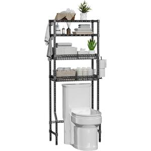 4-Tier Over The Toilet Storage, Bathroom Shelves with 6 Hooks, Metal Over Toilet Organizer with Adjustable Shelf and Basket, Freestanding Rack Space Saver for Bathroom, Laundry, Black