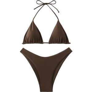 GORGLITTER Women's High Waisted Thong Bikini Set Halter Triangle Tie Back Swimsuit Bathing Suit (Brown, S)