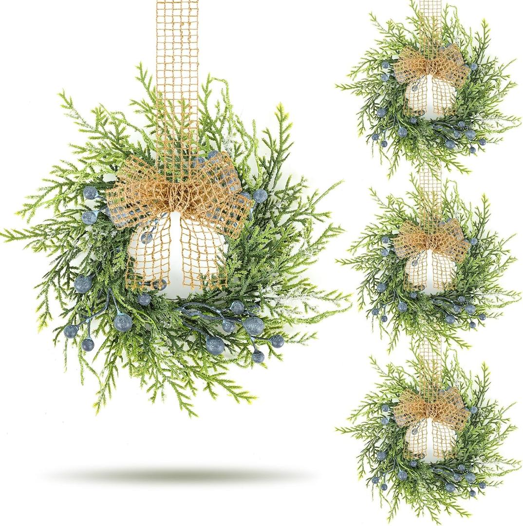 4 PCS Mini Blueberry Kitchen Cabinet Wreaths Artificial Spring Summer Farmhouse Hanging Wreaths Rustic Cedar Greenery Wreath with Burlap Bow for Front Door Cabinet Wall Window Wedding Home Decor
