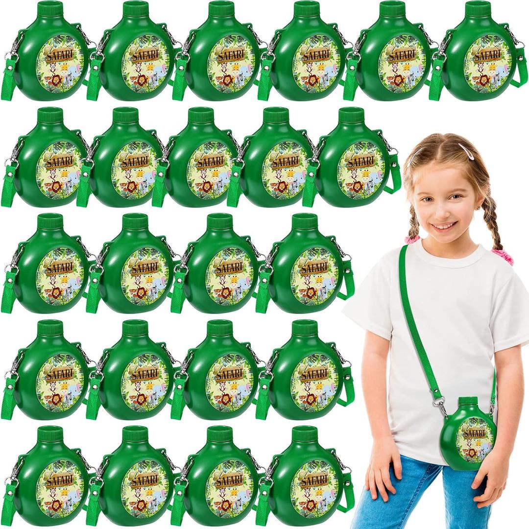 Eaasty 24 Set Jungle Safari Birthday Decorations Kids Canteens with Straps 10 oz Plastic Reusable Water Bottle Bulk for Zoo Animal Theme Birthday Party Decorations Camo Camping Adventure Supplies