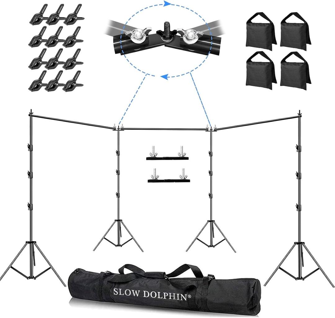 SLOW DOLPHIN Photo Video Studio 30ft (Wide) x 10ft (Tall), Degree Crossbar Rotatable, Angle Adjustable Triple Crossbar Extender Mount, Photography Background Support System, Sand Bags, Clamps