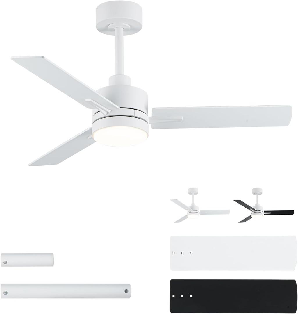 LANMEL 42 Inch Metal Ceiling Fan with Light, Modern Flush Mount Low Profile with Remote Control, Reversible, 3cct Dimmable, Quiet, White LED for Bedroom, Living Room, Indoor/Outdoor Patio Use