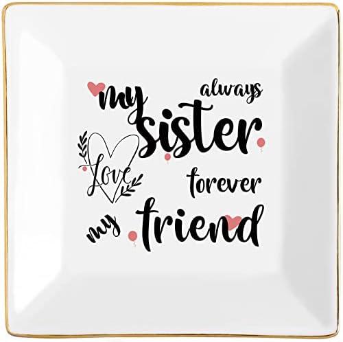 Sisters Gifts from Sister in Law Happy Birthday Gift for Women Funny Big Brother Little Ceramic Small Jewelry Dish Unique Trinket Tray Best Ring Plates Always My Sister, Forever My Friend