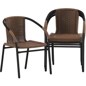 Flash Furniture Lila Modern Rattan Indoor/Outdoor Stackable Dining Chairs, Stacking Rattan Bistro Chairs for Patio or Restaurant, Set of 4, Brown