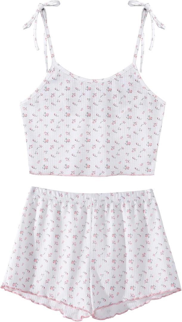 Hilinker Women's Floral Pajama Set Summer Cute Tie Shoulder Cami Crop Tops and Shorts 2 Piece Lounge Sets White Pink Floral Medium