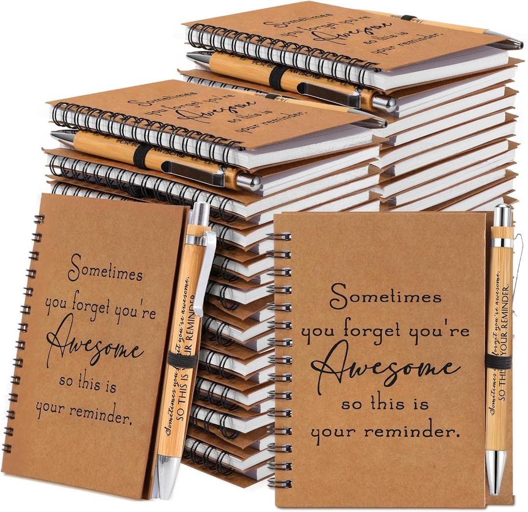 Honoson 50 Sets Spiral Notebooks Sets Employee Thank You Gifts Inspirational Journals with Retractable Bamboo Pens Bulk Encouragement Notepad for School Teacher, Awesome Sign