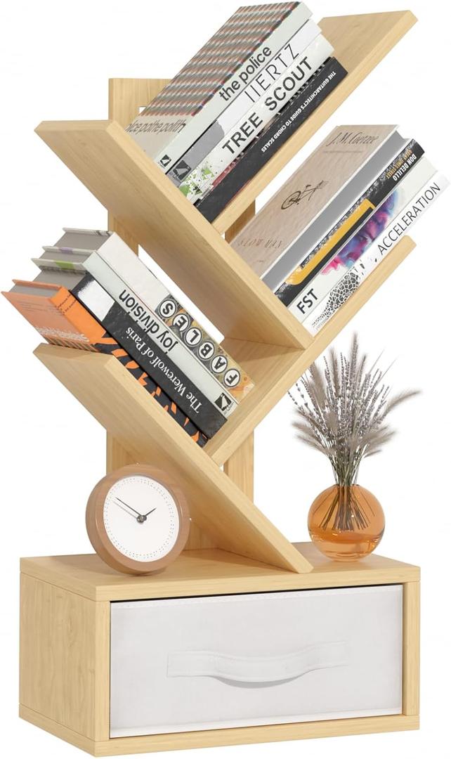 Small Book Shelf with Drawer,4 Tier Black Tree Bookshelf,Wooden Desktop Bookcase,Modern Desk Display Storage Bookshelves,Floor Standing Organizer Bookcases for Living Room,Bedroom,Office (Natural)