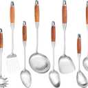 Stainless Steel Kitchen Utensils Set with Wooden Handle for Cooking 9 PCS with Solid and Slotted Spoon, Fork, Spatula, Ladle, Skimmer, Slotted Tunner, Spaghetti and Large Spoon