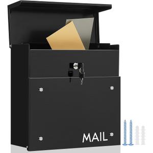 Wall Mounted Modern Locking Mailbox 14.25" x 14" x 5.75" Large Capacity Metal Mail Box with Key Lock Galvanized Steel Security Lock Drop Black Postbox Rustproof Mailbox for Outside Home Office
