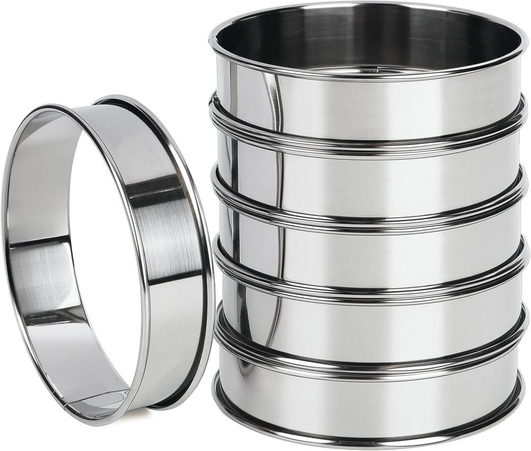 FANGSUN Crumpet Rings, English Muffin Rings 4 Inch,Stainless Steel Tart Rings for Baking,Double Rolled Nonstick Round Cake Ring, Metal Pastry Ring Mold for Griddle, Cooking Egg Ring for Dessert Food (4 Inch, Set of 6)