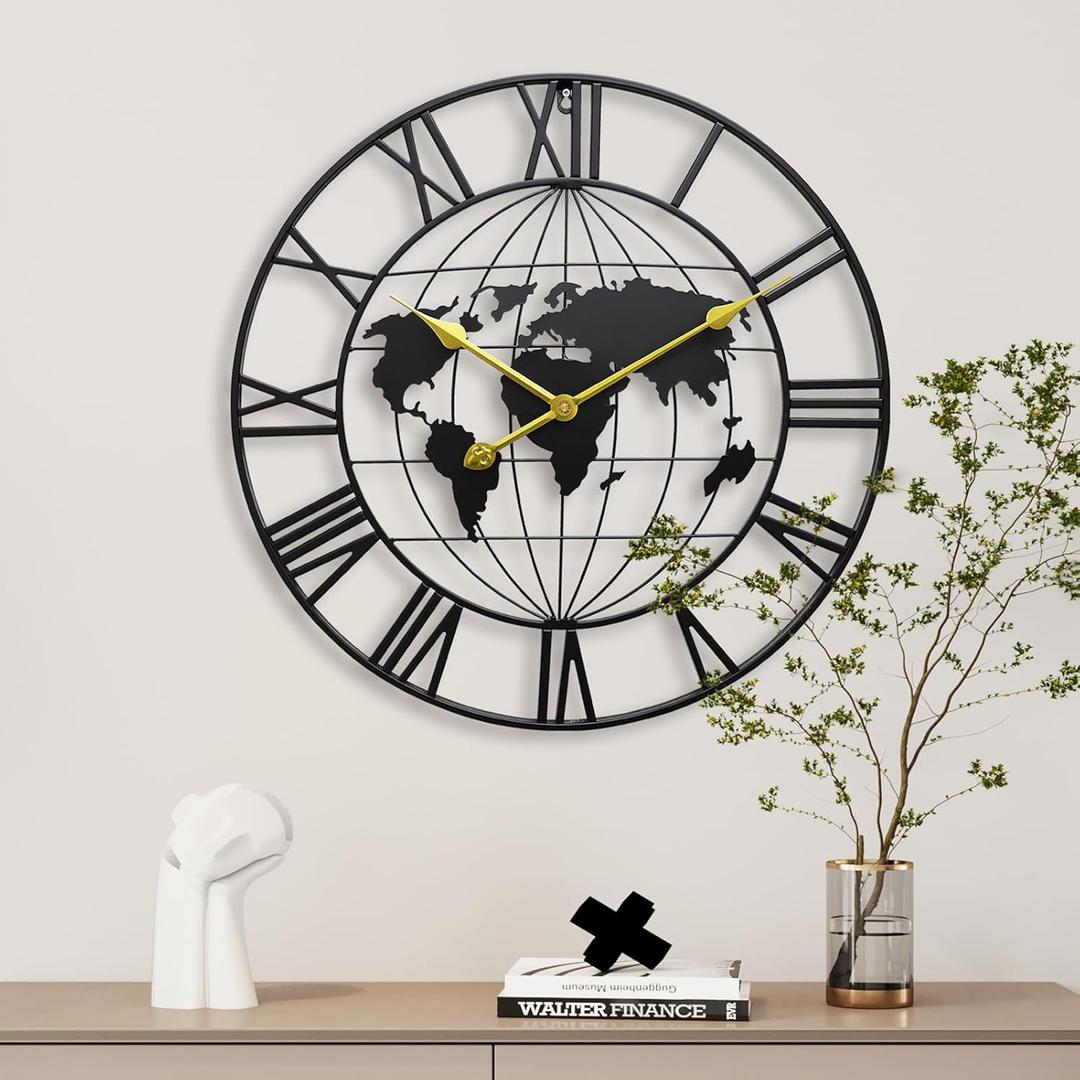 Large World Map Wall Clock, 30 Metal Minimalist Modern Clock, Round Silent Non-Ticking Battery Operated Wall Clocks for Living Room/Home/Kitchen/Bedroom/Office/School Decor (Black, 30 inches)