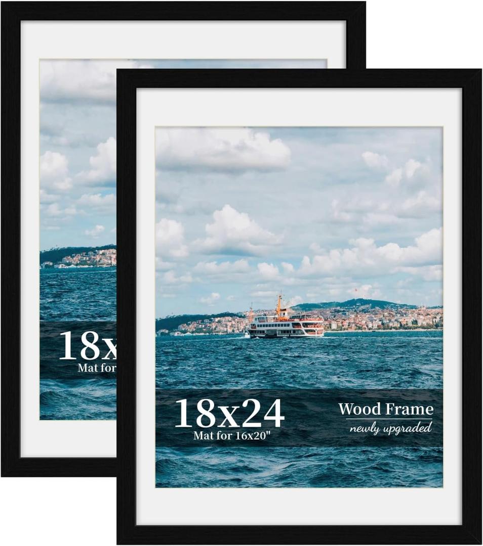 SZYUU 18x24 Picture Frame Set of 2 - Wood Frame with Real Glass,Display 16x20 with Mat or 18x24 without Mat,Photo Frame for Wall (Matte Black)