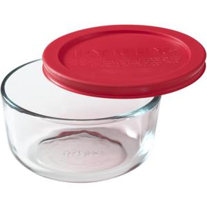 Pyrex Simply Store 2-Cup Single Glass Food Storage Container with Lid, Non-Pourous Glass Round Meal Prep Container with Lid, BPA-Free Lid, Dishwasher, Microwave, Oven and Freezer Safe (Red)