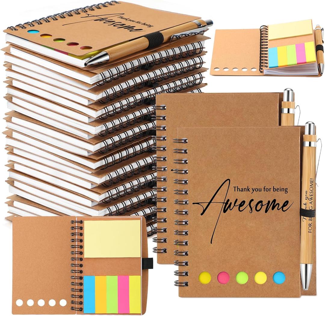 Chuangdi 20 Sets Teacher Appreciation Gifts Bulk Inspirational Spiral Notebook with Sticky Note Motivational Pen Nurse Thank You Gifts for Team Staff Coworker (Classic,Kraft)