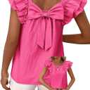 Womens Bow Tie Back Tops Round Neck Ruffle Short Sleeve Shirts Cute Babydoll Chiffon Tee Women Summer Trendy Tunic (Pink, XL)
